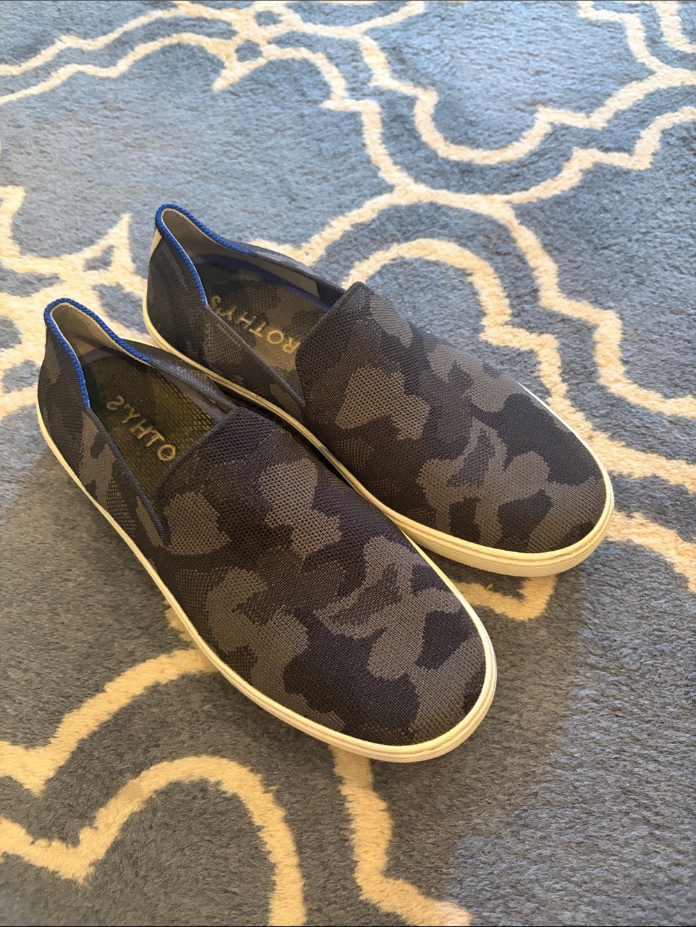 Rothy's Women’s Slip-On Knit Sneakers in Navy and Gray Camouflage